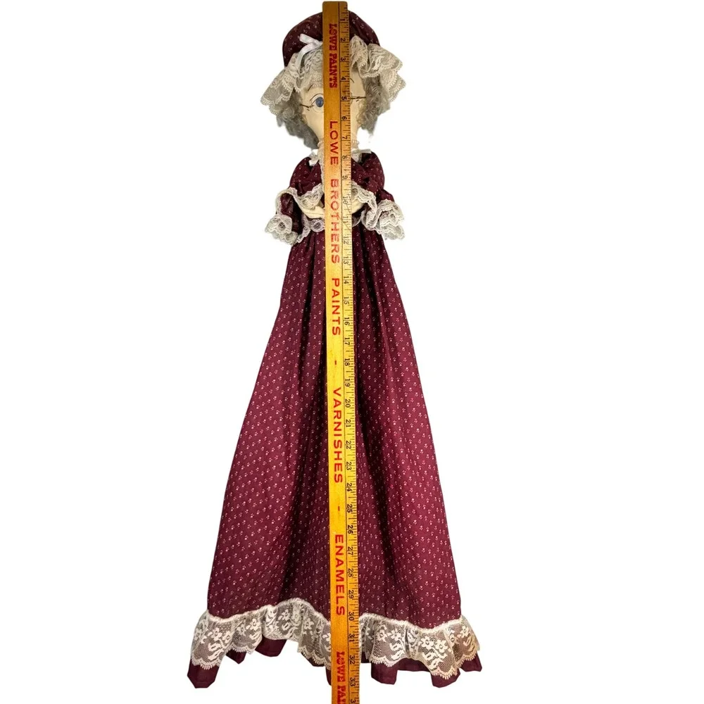 VTG 70s Grandmother Cloth Doll Burgundy Calico Bag Holder Handmade Hanging Decor